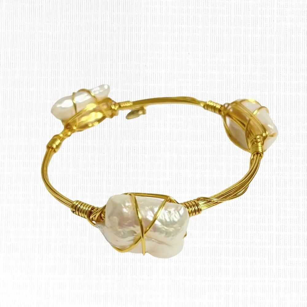 Wire Caged Chunky Pearl Bangle Bracelet Gold Tone Coastal Beach Handcrafted Art